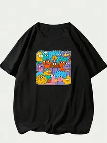 Cartoon Character Printed T-Shirt Unisex Streetwear Comfortable Short Sleeve T-Shirt Top - màu đen - Xem 1