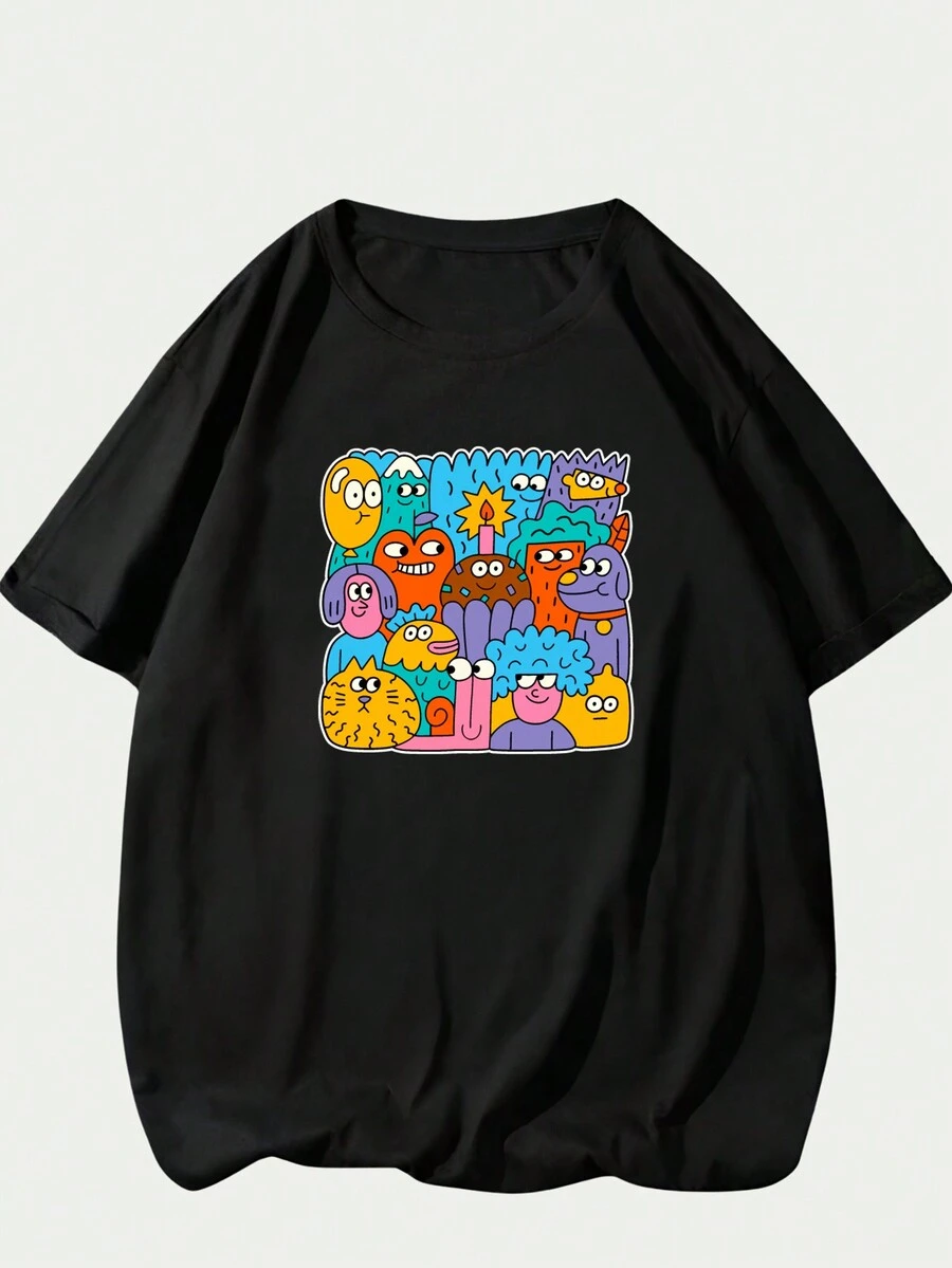 Cartoon Character Printed T-Shirt Unisex Streetwear Comfortable Short Sleeve T-Shirt Top - màu đen - Xem 1