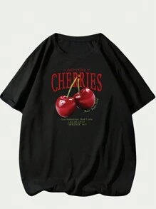 Cherries Printed T-Shirt Unisex Streetwear Comfortable Short Sleeve T-Shirt Top - màu đen - Xem 1