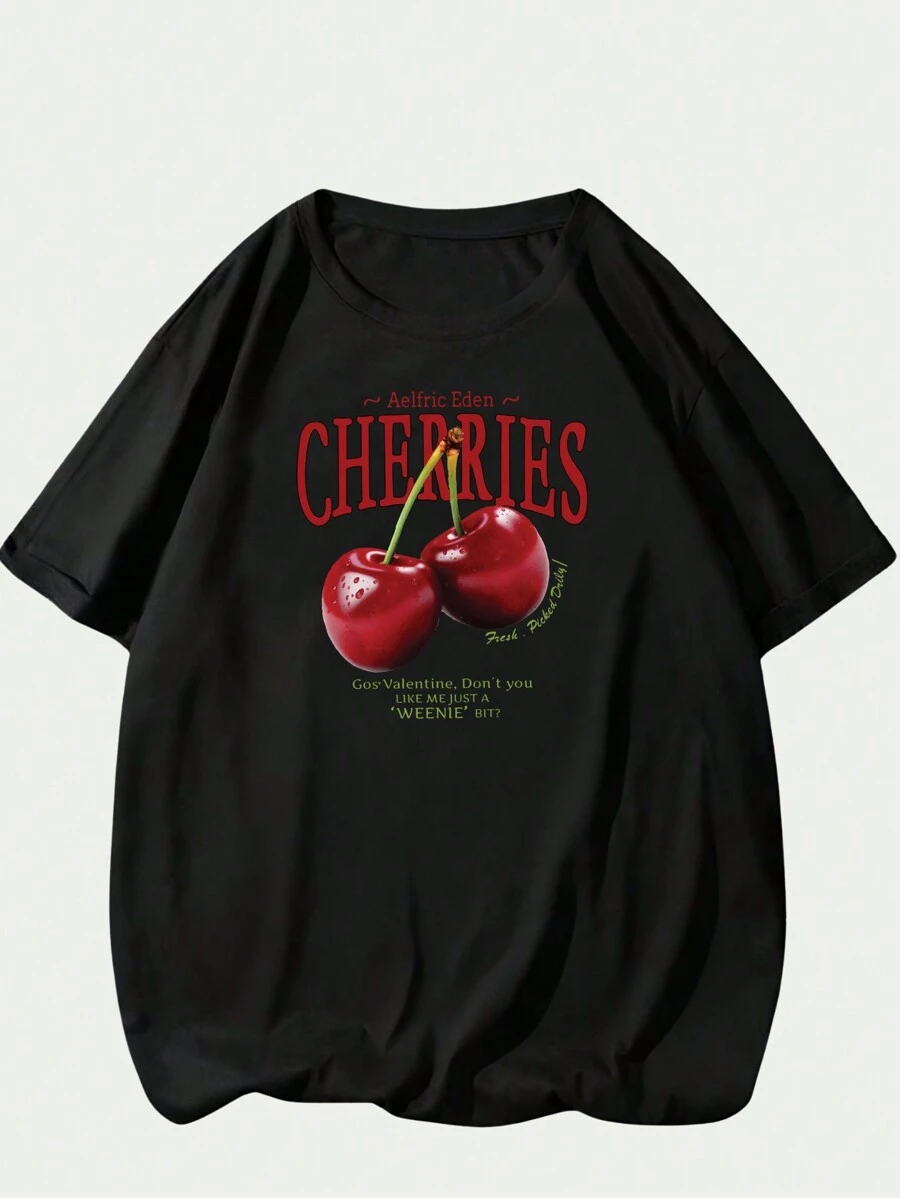 Cherries Printed T-Shirt Unisex Streetwear Comfortable Short Sleeve T-Shirt Top - màu đen - Xem 1