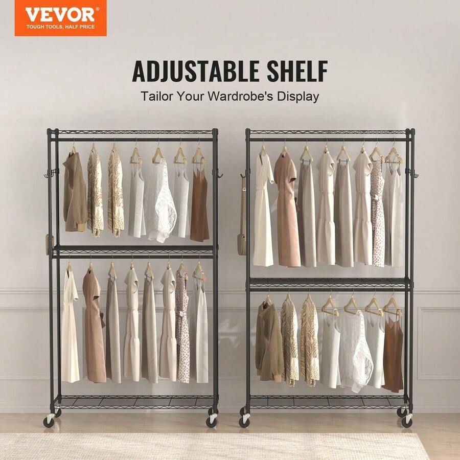 VEVOR Clothes Rack Rolling Clothing Garment Rack With 3 Storage Tiers