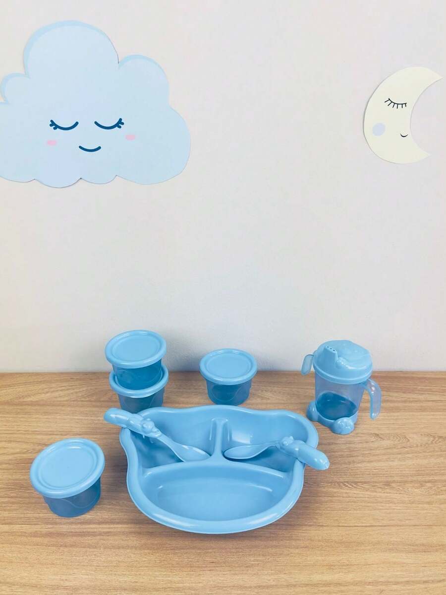 8-Piece Feeding Kit: Anatomical Plate With Dividers + Cup + 2 Spoons + 4 Baby Food Containers - Màu xanh nhạt - Xem 1