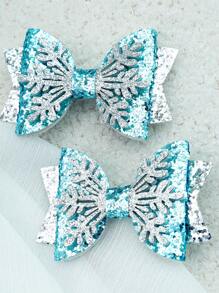 قطعتان من مشابك الشعر بشكل فيونكة زرقاء، إكسسوارات شعر مزينة بنجمات الثلج اللامعة، زينة شعر عصرية لرأس السنة، مناسبة كهدايا لحفلات الأطفال - دبوس الشعر القوس - مشاهدة 3