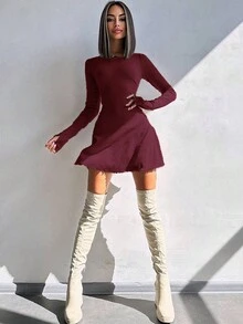 Đầm ngắn ôm dáng cổ tròn, màu trơn, viền bèo dành cho nữ, đầm mùa thu, trang phục đi học, phong cách Y2K những năm 2000, đầm thường ngày cho các buổi đi chơi, trang phục Halloween thanh lịch mùa xuân. - Màu Đỏ Sâu - Xem 3