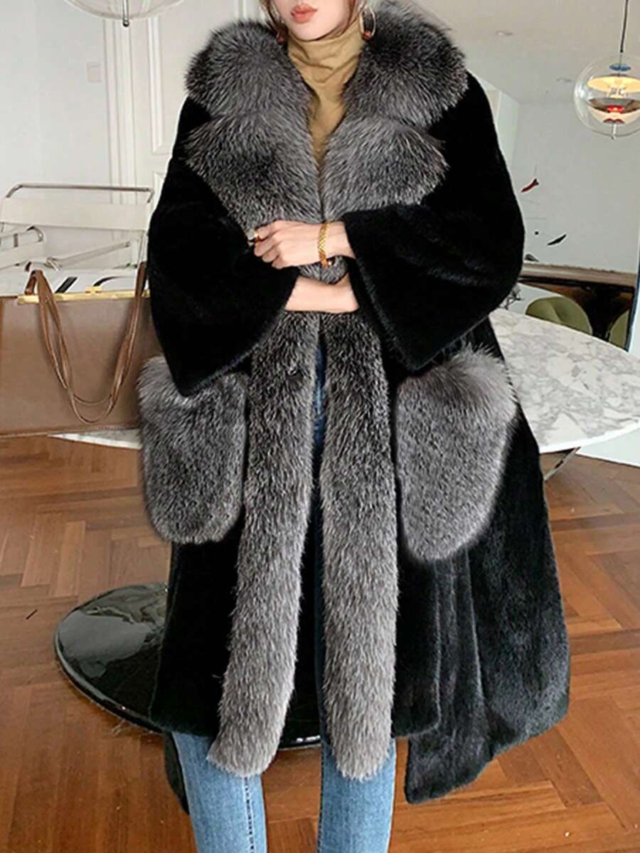 Mid-Long Length Mink-Like Fluffy Coat For Women - Black - View 1