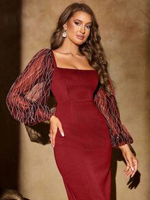 Fuaheng 亮片拼布灯笼袖方领露背派对礼服，优雅长袖正式晚会舞会礼服，适合婚礼嘉宾、毕业典礼、晚宴 - 酒紅色 - 查看 7