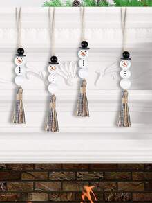 1/2pcs Snowman Wooden Beads Hanging Ornament Christmas Snowman Beads Garland Farmhouse Wooden Christmas Tree Ornaments With Plaid Tassel For Christmas Hanging Decorations