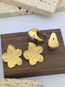 1pair Small Size New Geometric Design Medium Statement Earrings For Women, Suitable For Daily Wear, Party And As Gift - Yellow Gold - View 14