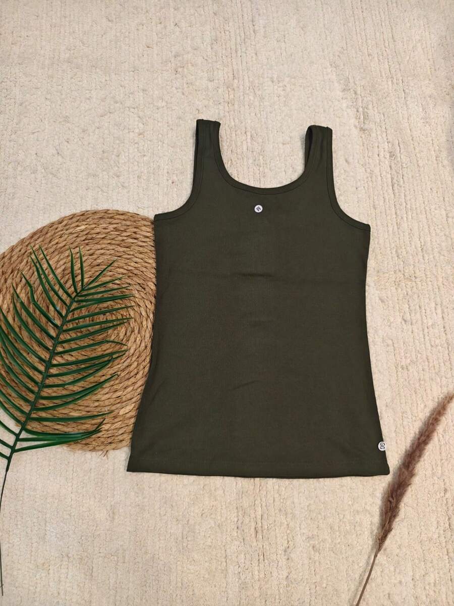 Ribbed Cotton Open Button Tank Top - Verde militar - Ver 1