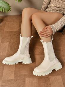 Women's Chelsea Boots, Thick Sole Mid-Calf Boots, Black Leg-Of-Mutton Style Boots For Spring And Autumn