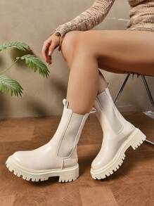 Women's Chelsea Boots, Thick Sole Mid-Calf Boots, Black Leg-Of-Mutton Style Boots For Spring And Autumn
