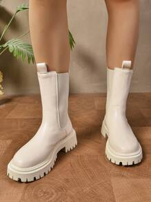 Women's Chelsea Boots, Thick Sole Mid-Calf Boots, Black Leg-Of-Mutton Style Boots For Spring And Autumn