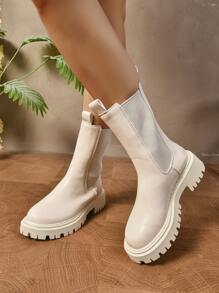Women's Chelsea Boots, Thick Sole Mid-Calf Boots, Black Leg-Of-Mutton Style Boots For Spring And Autumn