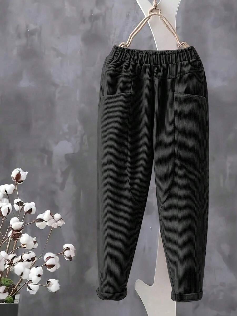 欧美时尚秋冬灯芯绒面料松紧腰口袋长裤 - 黑色 - 查看 1
