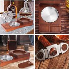 Cenicero de madera para puros / Cenicero con bandeja para vaso de whisky y soporte para puros + 1 cortador de puros de acero inoxidable con funda, cortador de puros de doble cuchilla