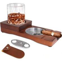 Cenicero de madera para puros / Cenicero con bandeja para vaso de whisky y soporte para puros + 1 cortador de puros de acero inoxidable con funda, cortador de puros de doble cuchilla