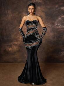 新款时尚女式天鹅绒水钻蕾丝拼布晚礼服，黑色优雅正式舞会礼服，适合婚礼嘉宾、毕业典礼、晚宴 - 黑色 - 查看 1