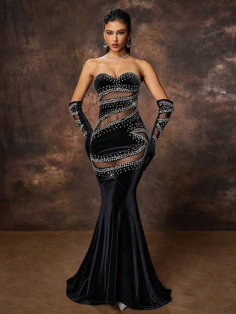 新款时尚女式天鹅绒水钻蕾丝拼布晚礼服，黑色优雅正式舞会礼服，适合婚礼嘉宾、毕业典礼、晚宴 - 黑色 - 查看 1