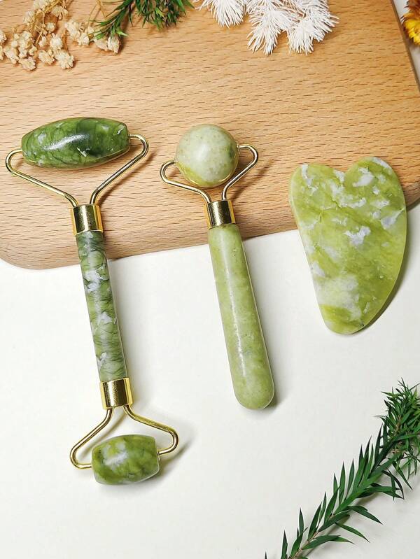 Set de 1/3 piezas de rodillo de jade y raspador Gua Sha, rodillo facial de masaje con herramienta de raspado Gua Sha, masajeador de piedra de jade para anti-envejecimiento, adelgazamiento y firming, rejuvenecer rostro y cuello, eliminar arrugas y bolsas en los ojos, raspador Gua Sha de acero inoxidable
