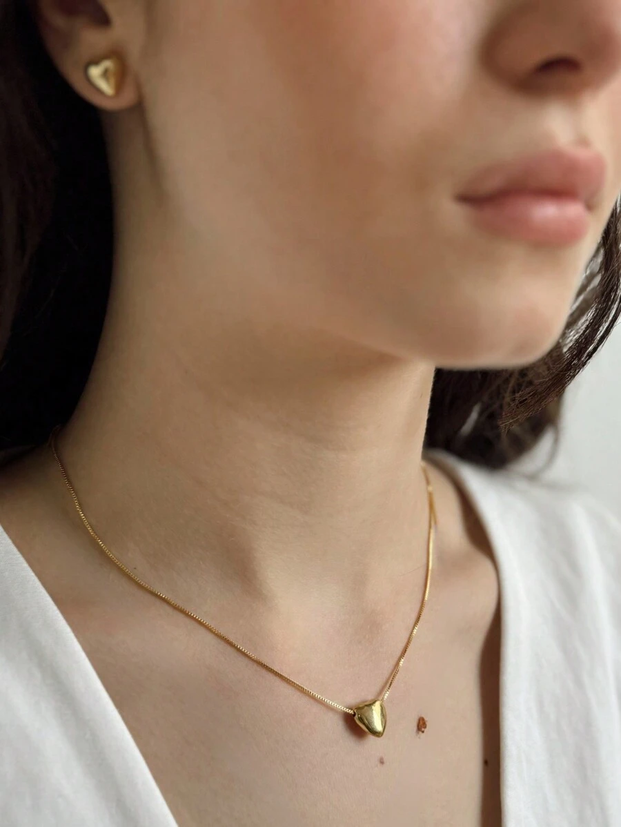Gold Necklace And Earring Set 18k Gold Plated Plain Heart Anajú Biju - Vàng - Xem 1
