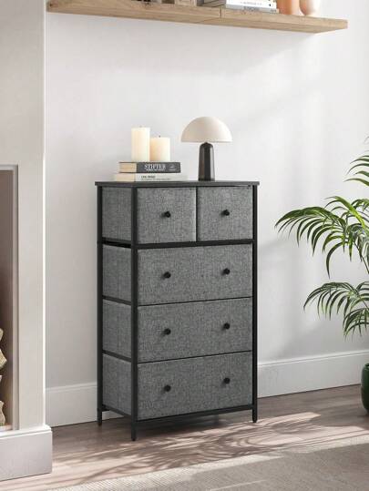  SONGMICS Chest Of Drawers, Fabric 5-Drawer Storage Organiser Unit, Dresser, For Living Room, Hallway, Nursery, Grey And Black With Wood Grain
