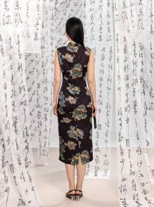 无袖前镂空雕花设计随机印花新中式旗袍连衣裙 - 黑色 - 查看 3
