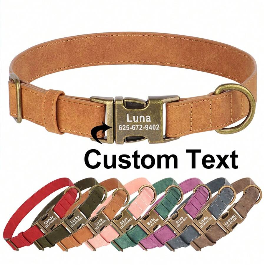 PU Retro Engraved Dog Collar In Solid Colors, Adjustable Leather Pet Collar To Prevent Loss, Available In Purple, Pink, Blue, Green, Brown - Coffee Brown - View 1