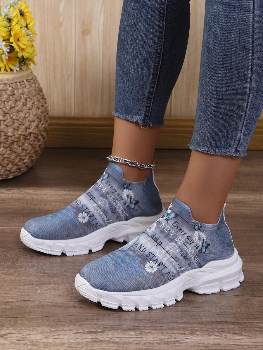 2024 透气百搭女士高帮袜鞋厚底休闲针织踝靴 - 彩色 - 查看 1