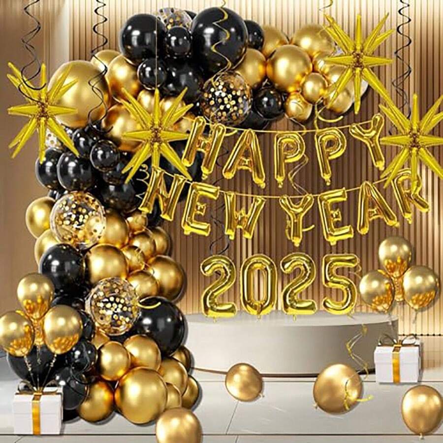 1Set  Happy  New  Year  Party  Decoration  Black  And  Gold  Balloon  Wreath  Arched  Set  Happy  New  Year  2025  Balloon  Banner  For  New  Year  Decoration  2025 - Multicolor - View 1