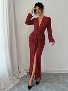 Red Sexy Deep V-Neck Long Sleeve Cinched Waist High Slit Fitted Maxi Dress, Decorated With Bow And Ruffle Satin Trim, Romantic, Charming, Elegant, Suitable For Dates, Parties And Other Occasions, Fashionable Glossy Fabric, Wedding Party Evening Gown, New Women's Apparel - Red - View 3