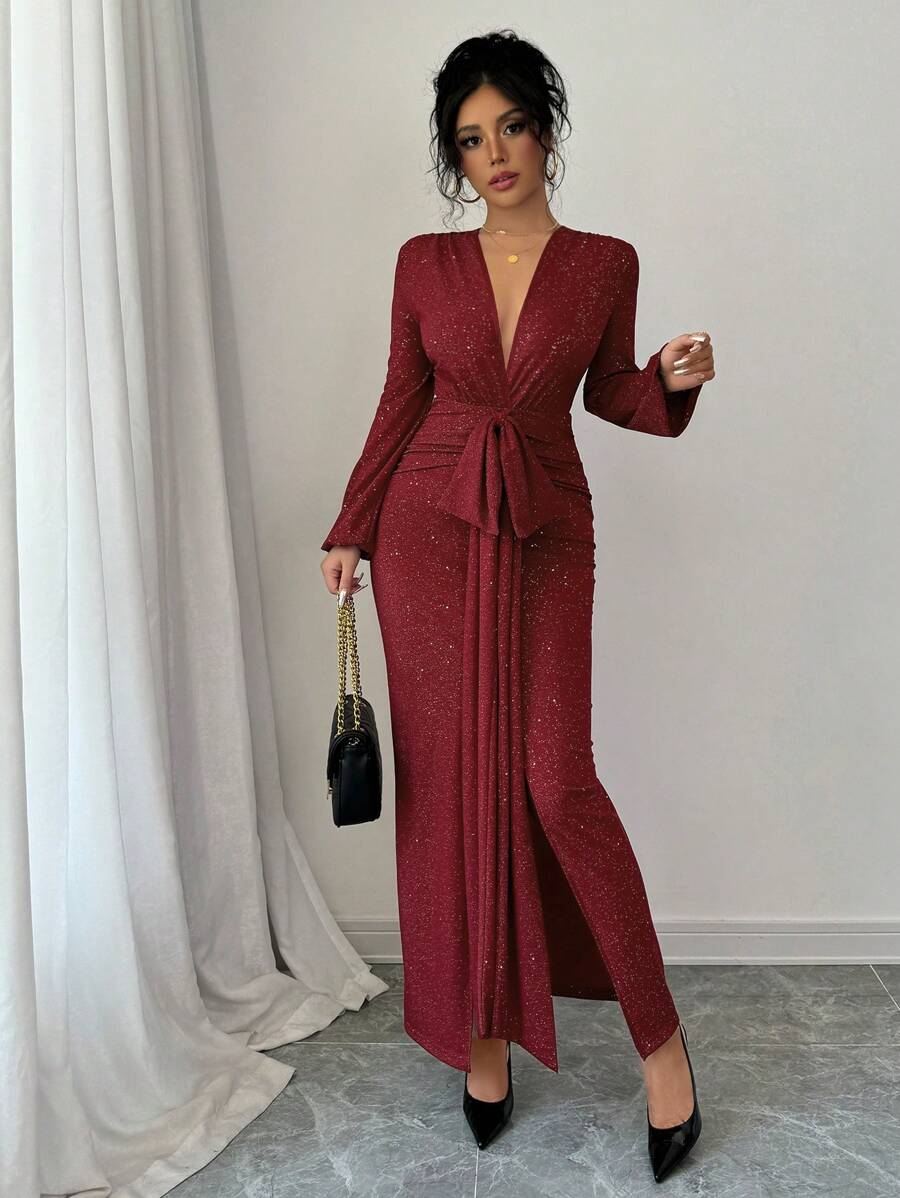 Red Sexy Deep V-Neck Long Sleeve Cinched Waist High Slit Fitted Maxi Dress, Decorated With Bow And Ruffle Satin Trim, Romantic, Charming, Elegant, Suitable For Dates, Parties And Other Occasions, Fashionable Glossy Fabric, Wedding Party Evening Gown, New Women's Apparel - Red - View 1