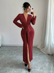 Red Sexy Deep V-Neck Long Sleeve Cinched Waist High Slit Fitted Maxi Dress, Decorated With Bow And Ruffle Satin Trim, Romantic, Charming, Elegant, Suitable For Dates, Parties And Other Occasions, Fashionable Glossy Fabric, Wedding Party Evening Gown, New Women's Apparel - Red - View 6
