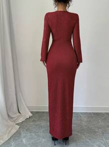 Red Sexy Deep V-Neck Long Sleeve Cinched Waist High Slit Fitted Maxi Dress, Decorated With Bow And Ruffle Satin Trim, Romantic, Charming, Elegant, Suitable For Dates, Parties And Other Occasions, Fashionable Glossy Fabric, Wedding Party Evening Gown, New Women's Apparel - Red - View 2