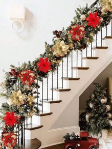 36 件人造一品红闪光花装饰套装、红金假花装饰、带夹子和花枝的人造花树装饰、花环装饰、窗户壁炉装饰、DIY 花环、派对装饰用节日配件、树装饰、人造树吊坠装饰、新年婚礼派对装饰、返校情人节 - 彩色 - 查看 5