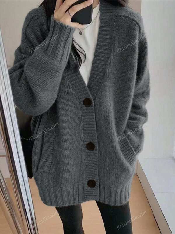 Grey Vintage Solid Color Loose Mid-Length Sweater Cardigan, Slouchy For Women In Autumn/Winter
