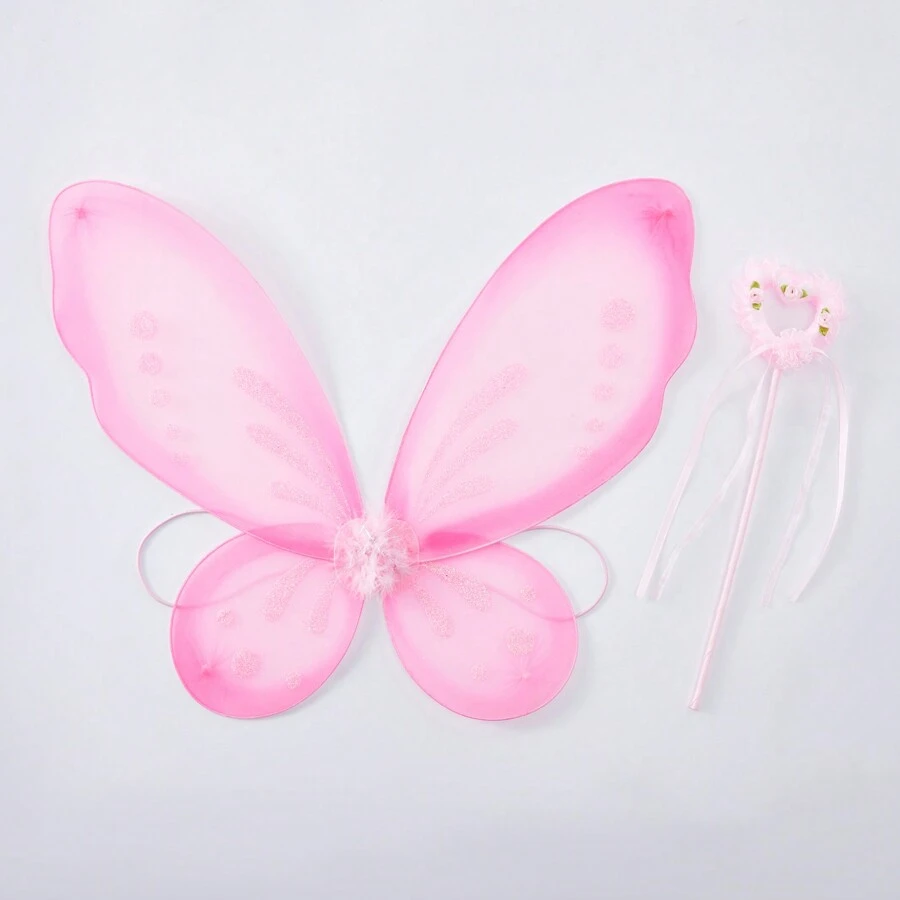2pcs Kids Girls Butterfly Wings, Shiny Fairy Wings Flower Heart Magic Wand Halloween Birthday Party Favor - 粉色 - 查看 1