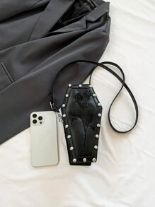 Mini Fashion Rivets Punk Rock Floral Embossed Handbag Women Rhombus Shaped Sling Crossbody Bag , Punk - Black - View 7