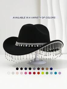 1 pièce Chapeau de cowboy unique et élégant unisexe avec une chaîne de chapeau ronde colorée, une décoration à franges. Esthétique chic, convient pour les événements à thème occidental, les fêtes, les fiançailles, les soirées costumées, les remises de diplômes, les festivals de musique et plus encore