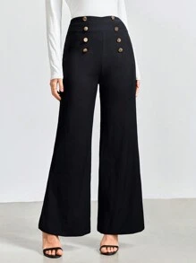 女式黑色金属扣紧身工作裤 - 黑色 - 查看 1