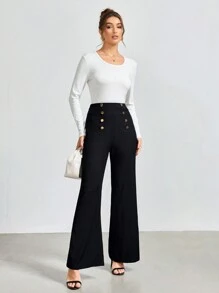 女式黑色金属扣紧身工作裤 - 黑色 - 查看 6