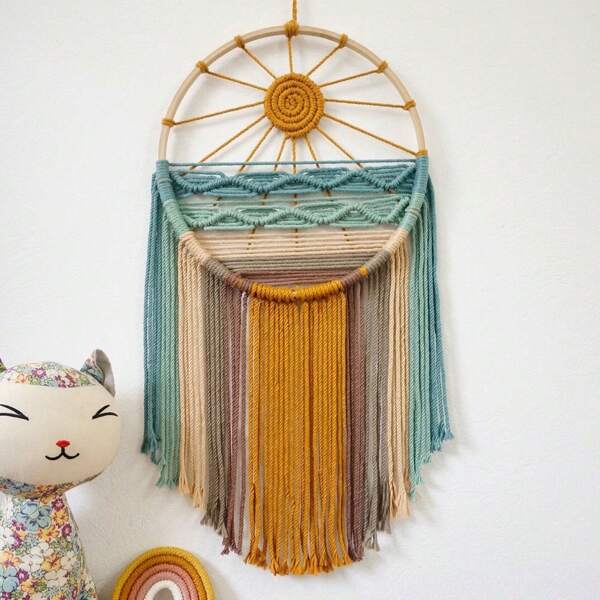 1pc Macrame Wall Hanging, Handwoven Tasseled Dreamcatcher, Boho Sunlight Beach Scenery Tapestry, Living Room Bedroom Background Wall Decor