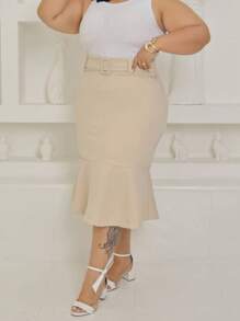 Plus Size Midi Skirt Moda Evangelica - Màu be - Xem 1