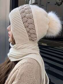 1 件女式双色针织围巾帽子口罩三合一套装带耳朵保护，适合户外运动保暖