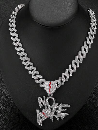 1 قلادة بشكل قلب مكسور بعبارة "لا حب" مرصعة بالراين كاملة مع سلسلة كوبية، هدية موضة هيب هوب للرجال