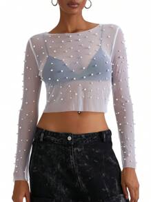 Women T-Shirt, Long Sleeve Crew Neck See-Through Pearls Slim Fit Ladies Tops For Club Party - White - View 2