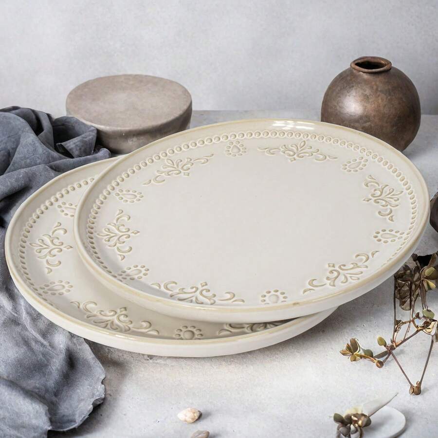 2pcs Artena Dinner Plates, 8.5''/10.75'' Plate Set, Vintage Serving Dishes, Steak Plates, Microwave & Dishwasher Safe, Embossed Ceramic Salad Plates For Kitchen - 錦緞花卉 -10.75 英寸 - 查看 1