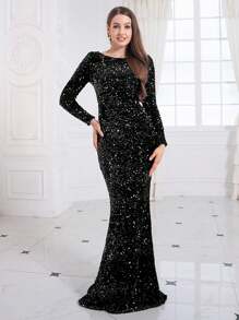 Romagic Damen schwarzes Samtkleid mit Pailletten, Boot-Ausschnitt, Langarm, Maxikleid für festliche Abendveranstaltungen, elegantes Hochzeitsgast Kleid - Schwarz - Übersicht 7