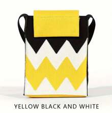 2Pcs/SET Women's Geometric Pattern Hook Needle Woven Mobile Phone Bag, Fashion Multi -Function Cross -Body Bag, Must Be Necessary For Portable Travel, Suitable For Placing Mobile Phones Or Other Small Items. - 紫紅+黃色 - 查看 3