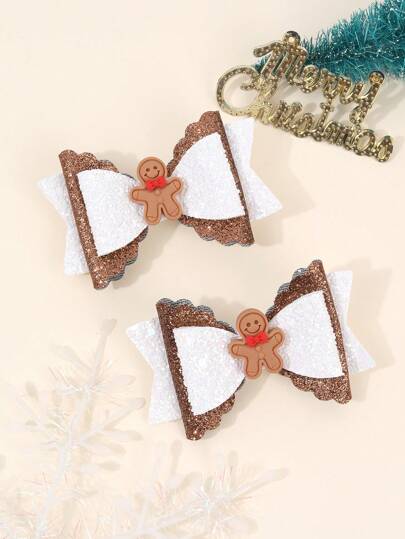 2pcs Christmas Hair Bows For Women Girls Gingerbread Man Bow Alligator Clips With Swallow Tail White Brown Sparkling Glitter Bow Barrettes Cute Gingerbread Man Merry Christmas Bow Hair Clips For Christmas Celebration Favor Gifts Women Fashion Hair Accessories