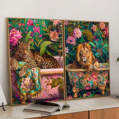 Set Of 2 Unframed Botanical Floral Cute Animal Lion Leopard Bathtub Funny Dopamine Art Poster Bathroom Toliet Decor Aesthetic Canvas Painting Print Wall Picture For Dorm,Apartment,Bedroom,Living Room,Restroom,Modern Home Decor